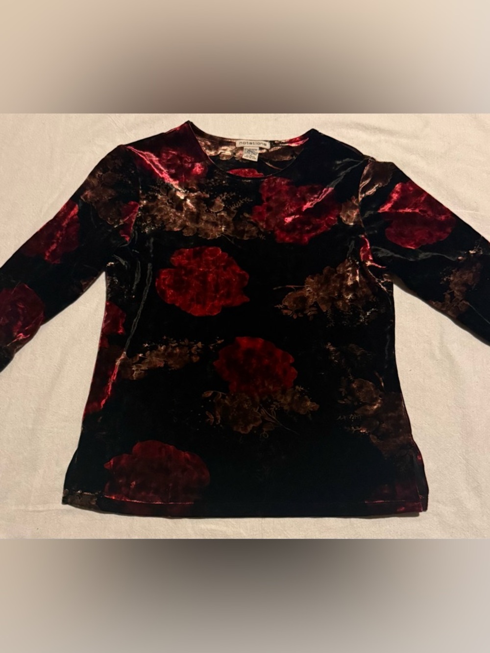 Notations Velvet Like Floral Long Sleeve Top in Black and Burgundy
